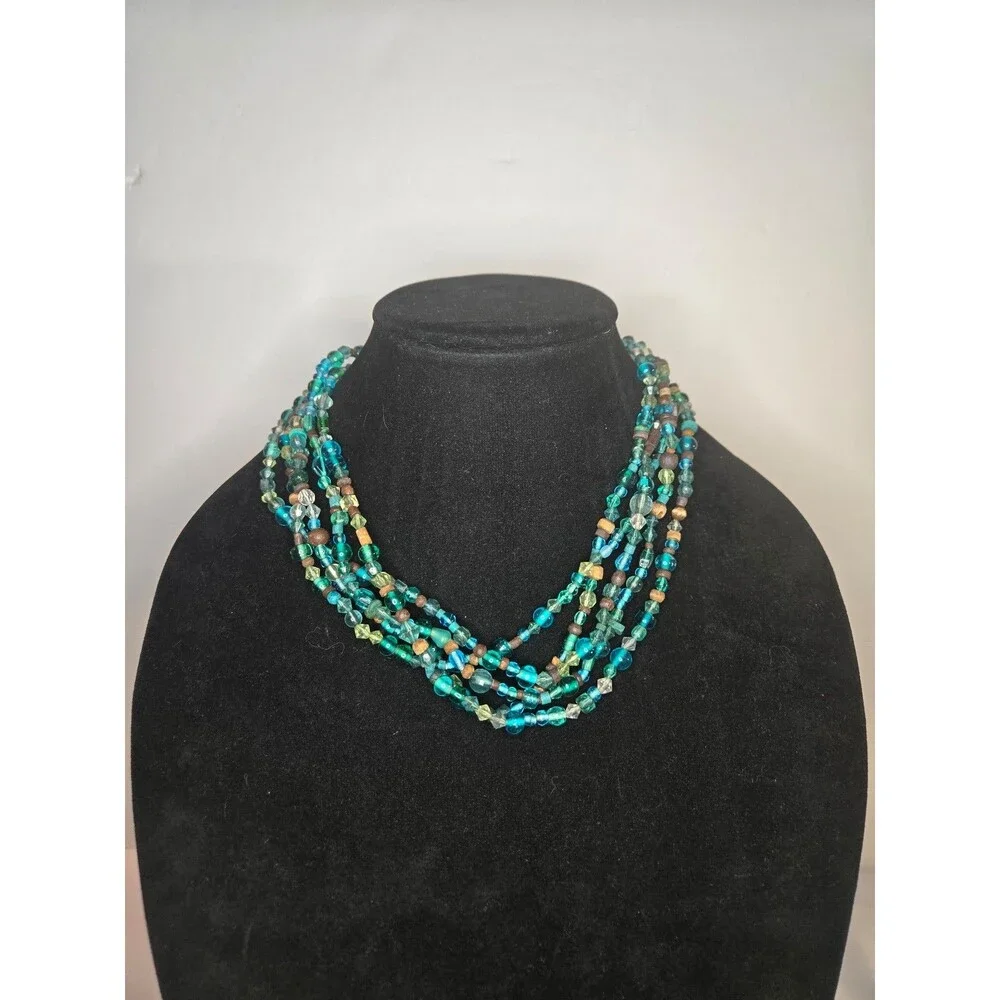 Multistrand Necklace with Green Blue Gold Beads Gold Tone Adjustable Length
